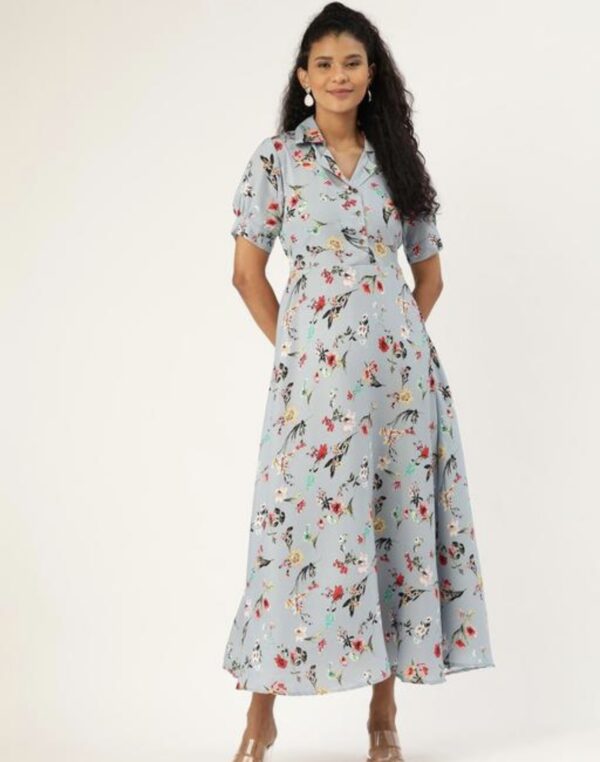 Collar Flower Print A- Line Dress - Image 2