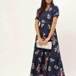 Collar Flower Print A- Line Dress