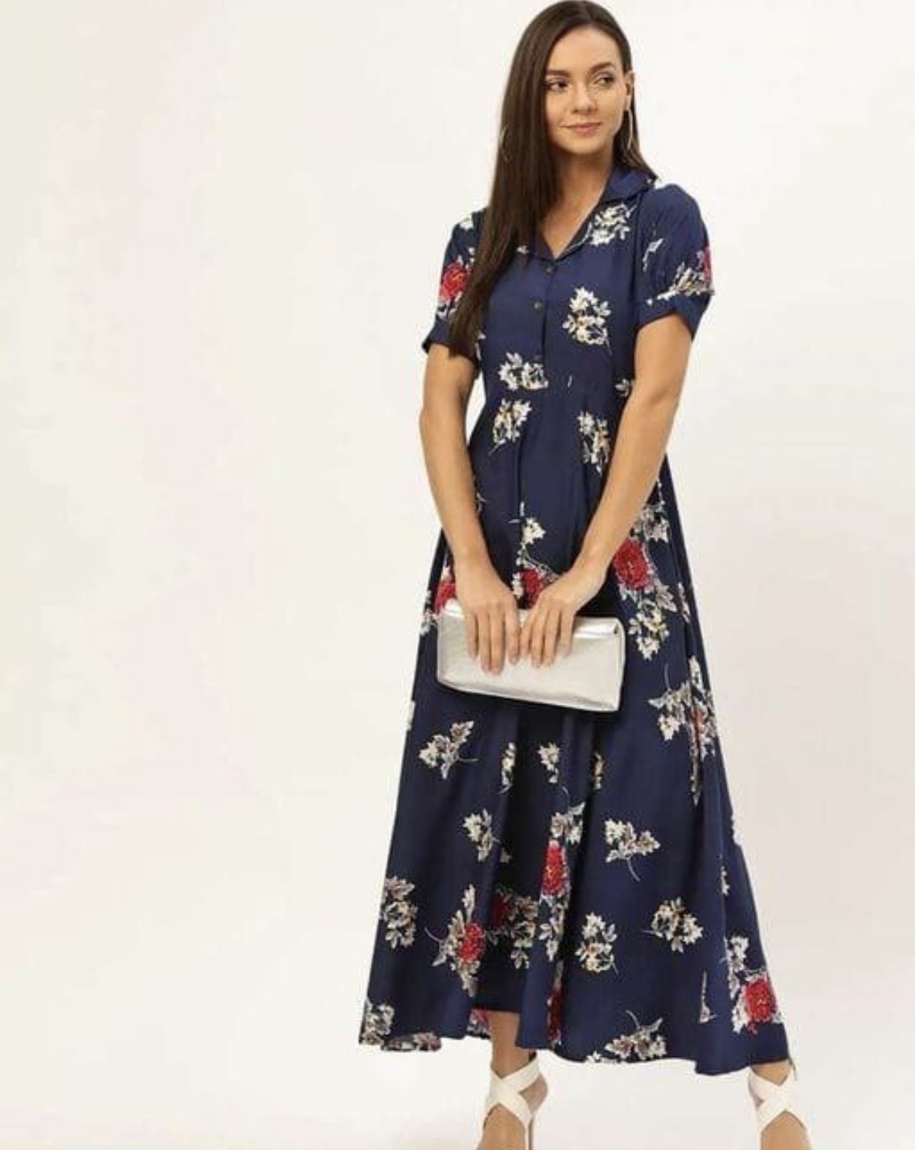 Collar Flower Print A- Line Dress - Image 1