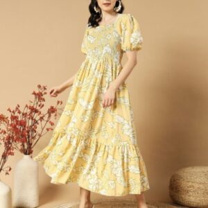 Classic Printed Puffed Sleeves Dress