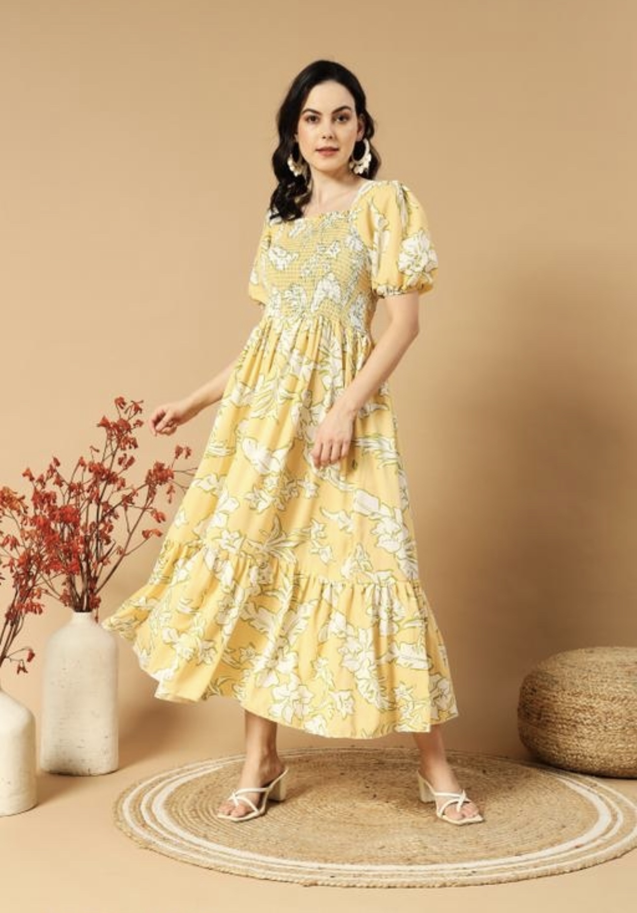 Classic Printed Puffed Sleeves Dress - Image 1