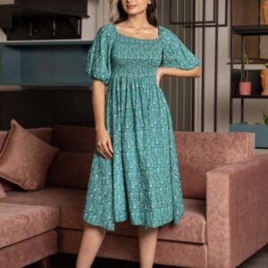 Classic Printed Puffed Sleeves Dress - Image 2