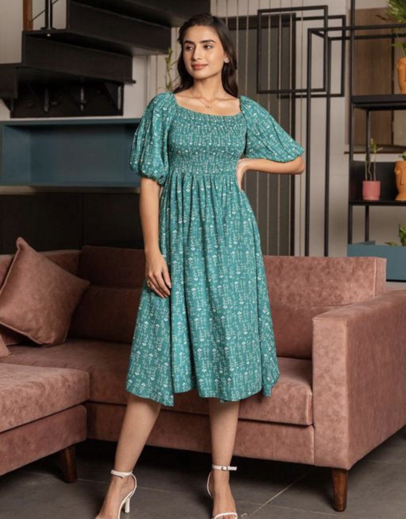 Classic Printed Puffed Sleeves Dress - Image 2