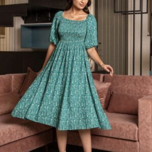 Classic Printed Puffed Sleeves Dress - Image 9