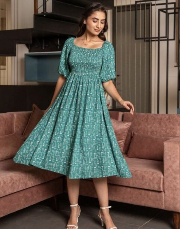 Classic Printed Puffed Sleeves Dress - Image 9