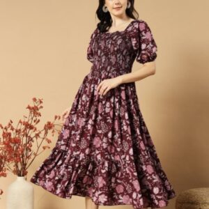 Classic Printed Puffed Sleeves Dress - Image 3