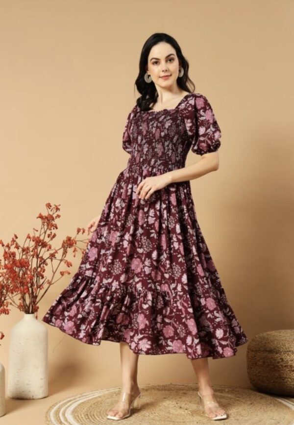 Classic Printed Puffed Sleeves Dress - Image 3