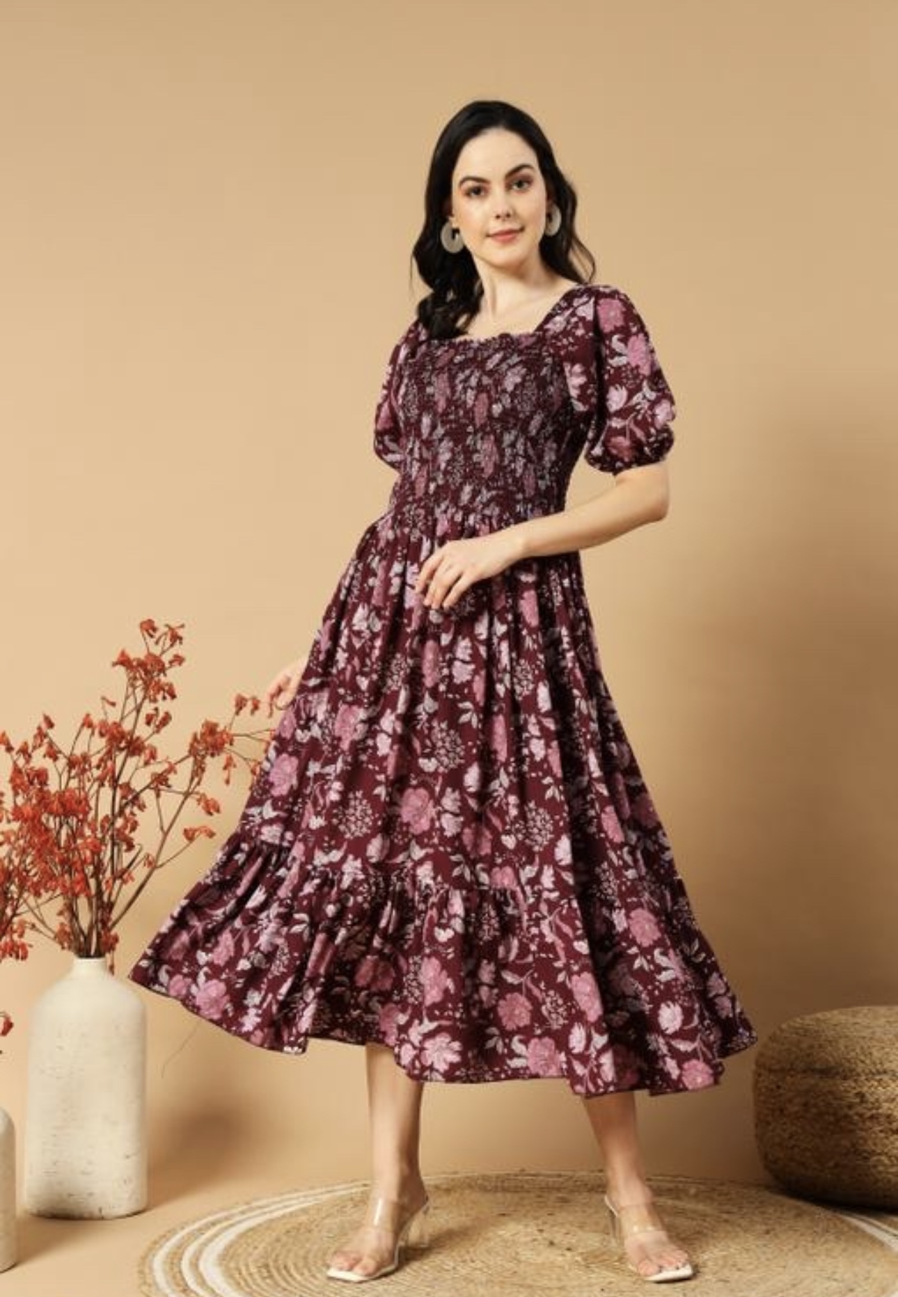 Classic Printed Puffed Sleeves Dress - Image 3