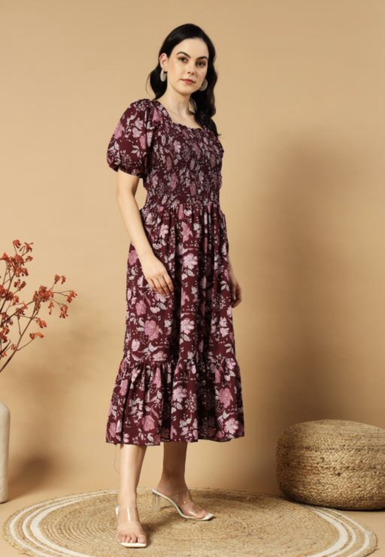 Classic Printed Puffed Sleeves Dress - Image 13