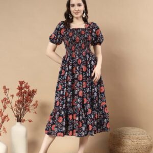 Classic Printed Puffed Sleeves Dress - Image 15