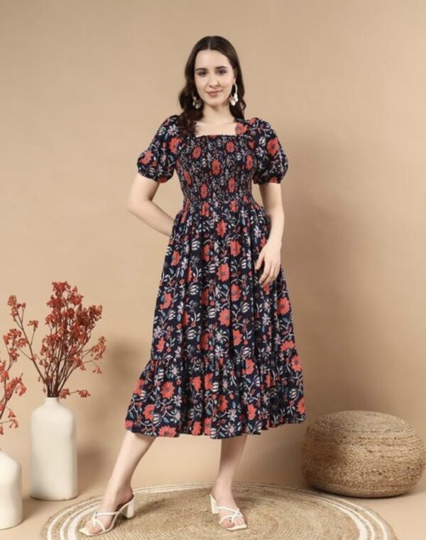 Classic Printed Puffed Sleeves Dress - Image 15