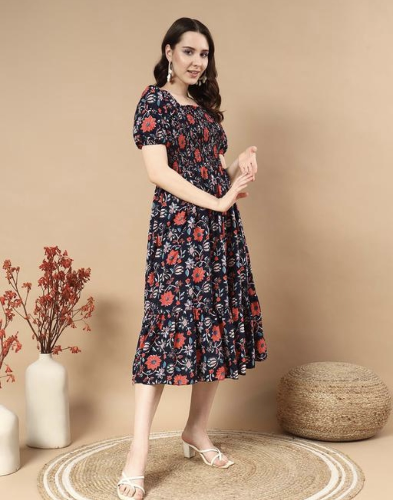 Classic Printed Puffed Sleeves Dress - Image 16