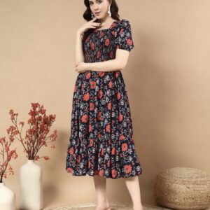 Classic Printed Puffed Sleeves Dress - Image 4