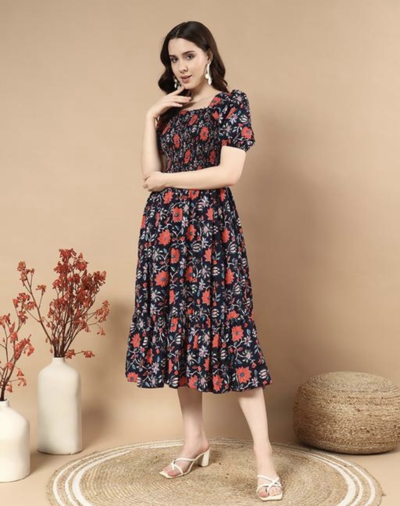 Classic Printed Puffed Sleeves Dress - Image 4