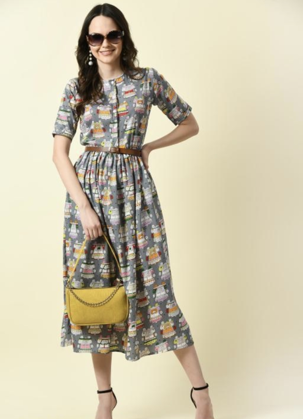 Button Pattern A - Line Dress with Belt - Image 5