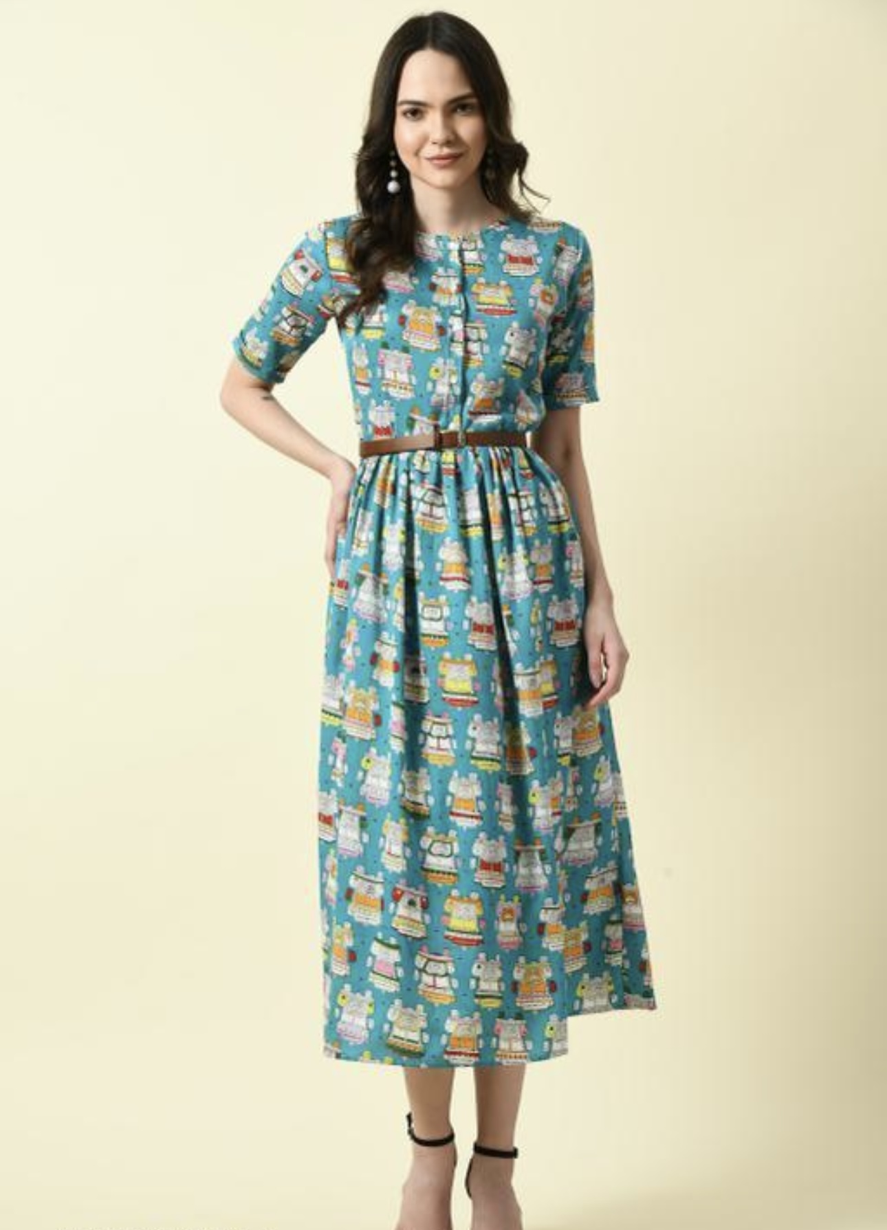 Button Pattern A - Line Dress with Belt - Image 4
