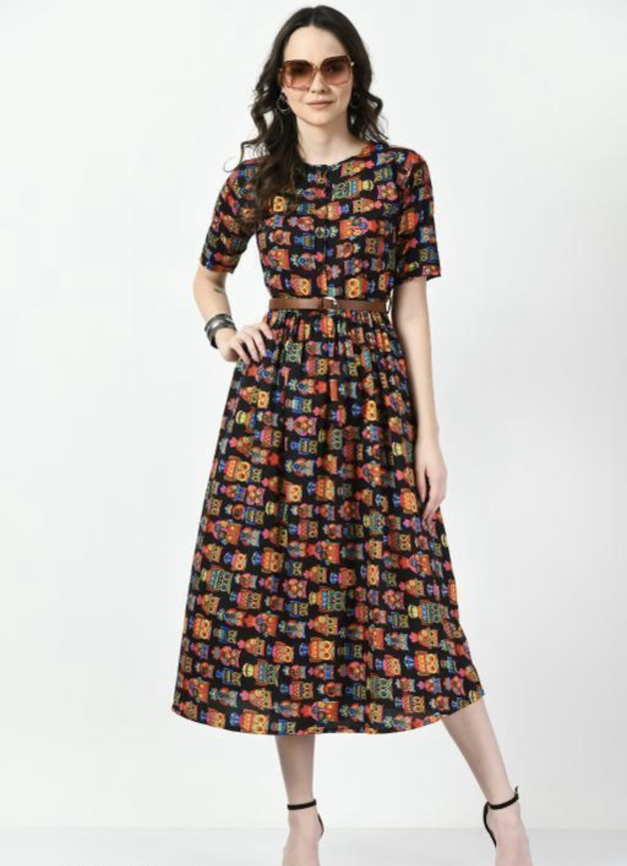 Button Pattern A - Line Dress with Belt - Image 3