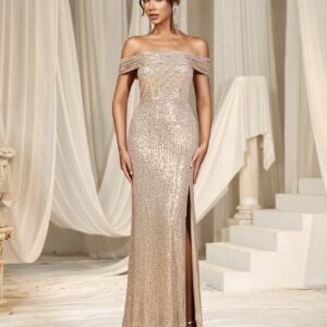 Champagne Sequinned Slit Dress - Image 3