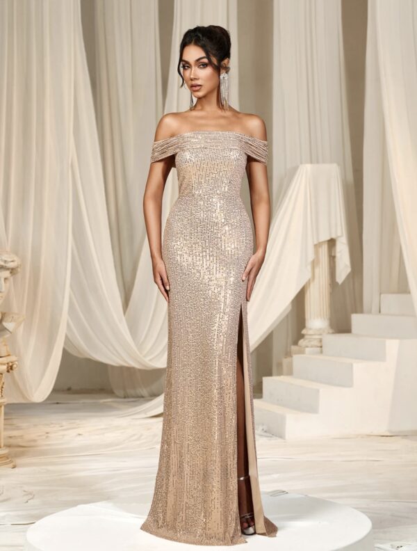 Champagne Sequinned Slit Dress - Image 3