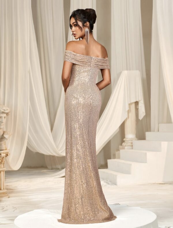 Champagne Sequinned Slit Dress - Image 2