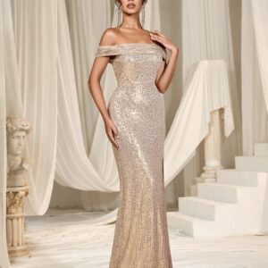 Champagne Sequinned Slit Dress - Image 5