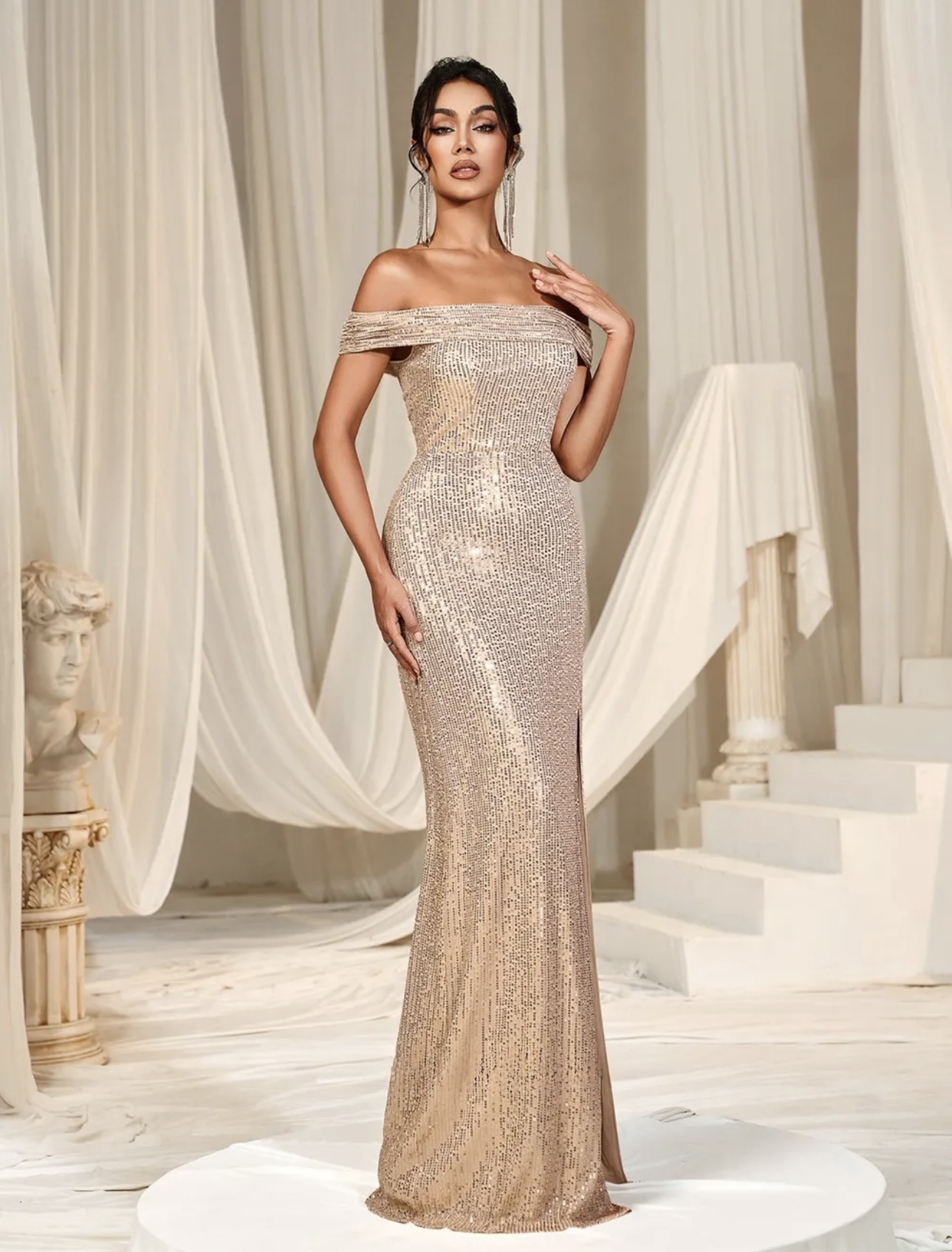 Champagne Sequinned Slit Dress - Image 5