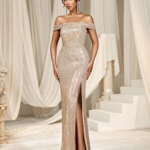 Champagne Sequinned Slit Dress - Image 4