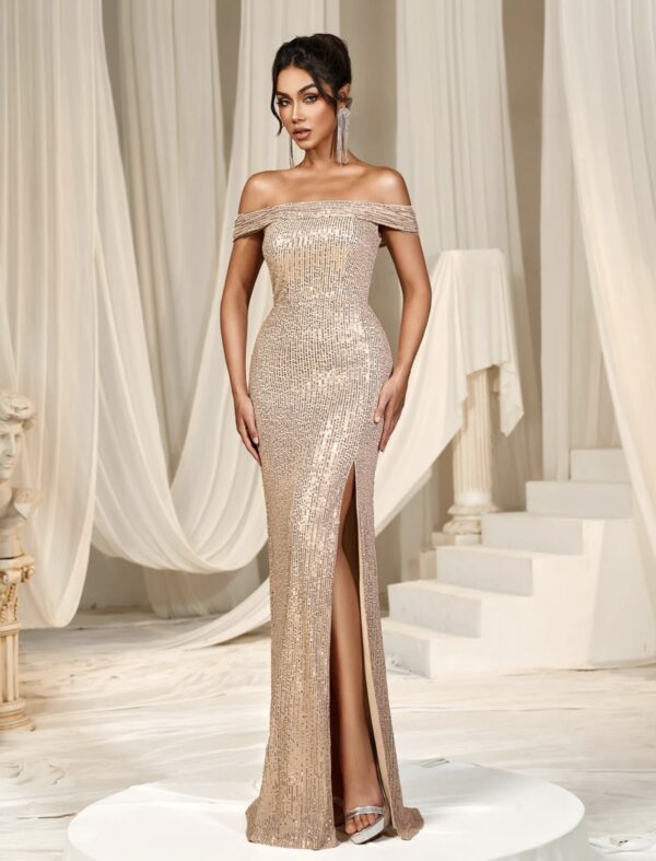 Champagne Sequinned Slit Dress - Image 4