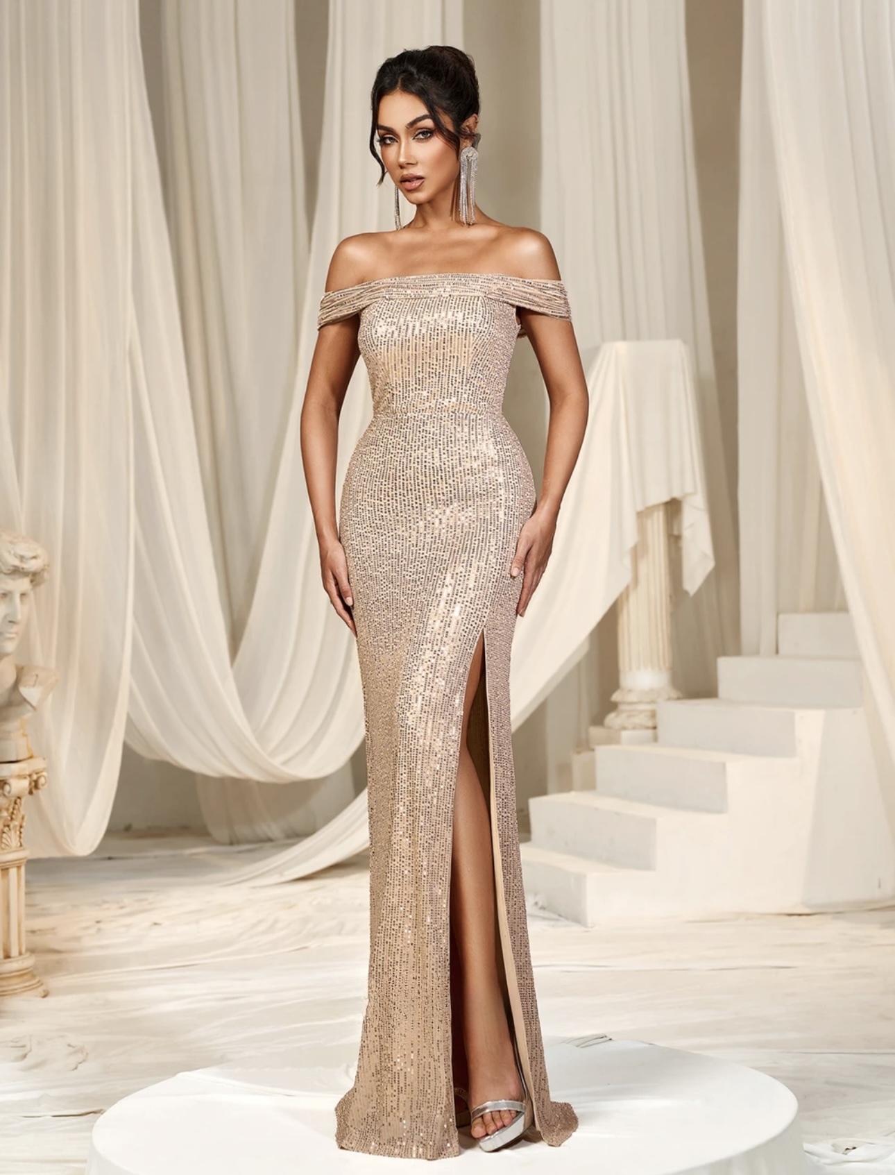 Champagne Sequinned Slit Dress - Image 4